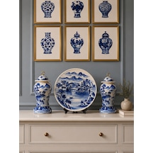 Dekoratif Salon Seti - Blue Blanc Şah Küp Tabak Gold