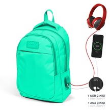 Coral High Kids Su Yeşili Üç Bölmeli USB Şarjlı Kulaklık Çıkışlı Okul Sırt Çantası 24309