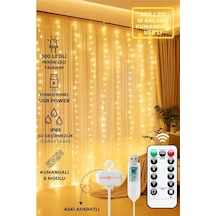 3x3 Metre Perde Led Işık, 300 Ledli 10 Sarkıtlı Dekoratif Peri Led, Uzaktan Kumandalı Ve 8 Fonksiyonlu, Usb Girişli Günışığı Sarı Duvar Ve Perde Aydınlatması