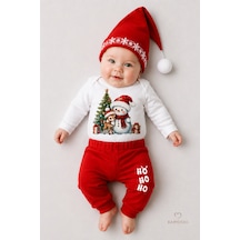 Babyden's Bebek Yılbaşı Noel Kıyafeti 3 Lü Takımı Snowman Baskılı Body,kırmızı Pantolon,noel Şapkası Unisex Kırmızı - Beyaz