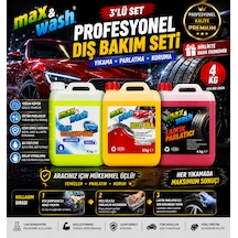 Max&wash 3'lü Profesyonel Dış Bakım Seti 4+4+4 Kg Cilalı Oto Şampuan + Hızlı Cila + Lastik Parlatıcı Oto Kuaför Bakım Seti