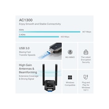 Archer T5u Plus Ac1300 Wifi Usb Adaptör, Dual Band 1300 Mbps 867 Mbps 5ghz + 400 Mbps 2.4ghz , Usb 3.0, Çift Yüksek Kazançlı Anten, Wpa3, Windows Uyumlu Kablosuz Adaptör
