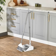 Corner Taraklı Ve Saplı Faraş Süpürge Seti - Katlanabilir Dik Faraş Takımı - Paslanmaz Çelik Saplı Ergonomik Temizlik Seti Beyaz - Antrasit Açık Ahşap