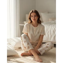 Mihra Kadın Compakt Penye Düğmeli Yaka Kısa Kol İnce Pijama Takımı 90783e - 1 Adet Ekru