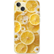 İphone 15 Plus Uyumlu Limon Dilimleri Ve Papatya Desenli Baskılı Silikon Kılıf Renkli