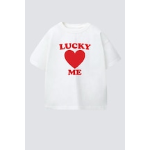 Monila Kız Çocuk Pamuklu Bisiklet Yaka Kalp Baskılı T-shirt Ekru