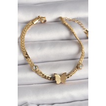 316l Çelik Gold Renk Yassı Zincir Zirkon Taşlı Simli Kelebek Figür Kadın Bileklik - Tj-bb6734 Gümüş