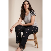 Siyah İnci Dantelli Büyük Beden Battal Viskon Örme Pijama Takım 8066 Açık Gri