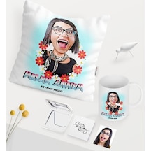 Kişiye Özel Melek Annem Karikatürlü Beyaz Kupa Ayna Yastık Seti