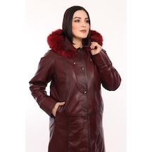 Hakiki Kuzu Derisi Kapşonlu Kürklü Kadın Ceket Bordo Bordo