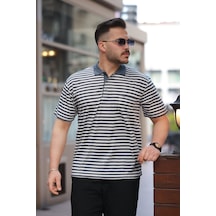 Erkek Yakalı Çizgili Kısa Kollu T-shirt Antrasit - Beyaz Erkek Yakalı Çizgili Kısa Kollu T-shirt Antrasit - Beyaz