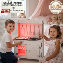 Renkli Kumandalı Led'li Nubi Ahşap Çocuk Mutfağı - 3+ Yaş - Montessori Eğitici Sök-tak Oyuncak Mutfak Nubiwood