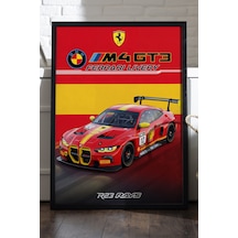 Bmw M4 Gt3 Siyah Ahşap Çerçeveli Poster, Dekoratif Araba Duvar Tablosu