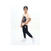 Toontoy Kids Toontoy Erkek Çocuk 2'li Takım Baskılı Bisiklet Yaka Kısa Kollu T-shirt & Beli Paçası Lastikli Cepli Jogger Eşofman Altı - Renk Bloklu & 2 İplik Bej