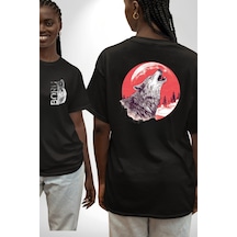 Uluyan Beyaz Kurt Siyah Oversize Unisex Ön Ve Sırt Baskılı Tişört Siyah