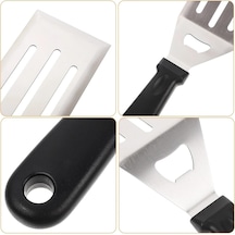 Paslanmaz Çelik Geniş Mutfak Spatulası - Isıya Dayanıklı Sert Plastik Saplı Krep Ve Omlet Çevirici, Esnek Balık Ve Izgara Spatulası Gümüş - Siyah