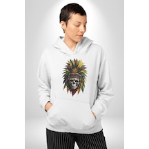 Kurukafa İskelet Kızılderili Tüy Kartal Şefi Kadın Erkek Beyaz Kapüşonlu Sweatshirt Hoodie Beyaz