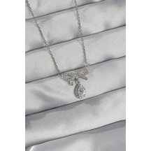 Ezoconcept 316l Çelik Gümüş Renk Zirkon Taşlı Fiyonk Detay Damla Kolye 001