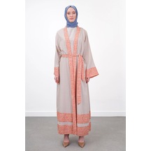 Pureva Garni Detaylı Kuşaklı Keten İkili Kimono - Bej/oranj Çok Renkli