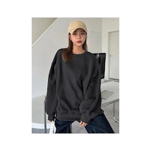 Kadın Düz Bisiklet Yaka 3 İplik Sweatshirt - Siyah