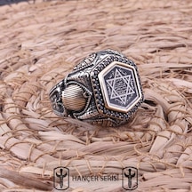 İpek Silver 925 Ayar Gümüş Sıkma Kehribar Taşlı Mühr-i Süleyman Desenli Erkek Yüzük Gümüş