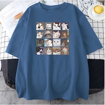 Flood Of Style Erkek Mavi Cat Baskılı Oversize Bisiklet Yaka Tshirt