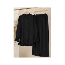 Hira Life Fashion Kadın Çilek Kumaş Dik Yaka Düğmeli Fırfır Detaylı Tesettür Tunik Pantolon İkili Takım Siyah Siyah