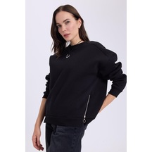 Tudors Kadın Oversize Geniş Kesim Pamuklu 3 İplik Bisiklet Yaka Siyah Sweatshirt-41668 SiYAH