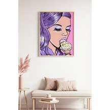 Doğal Ahşap Çerçeveli Mor Saçlı Pop Art Portre Tablo - Canlı Tonlar Huhu2031