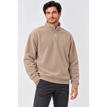 Moda Erkek Polar Dik Yaka Yarım Fermuarlı Uzun Kollu Regular Fit Kışlık Sweatshirt - Bej Çok Renkli