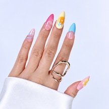 Takma Tırnak Renkli Nail Art Uzun Badem - 10'lu Tekrar Kullanılabilir El Yapımı Protez Takma Tırnak Eubd3043 M