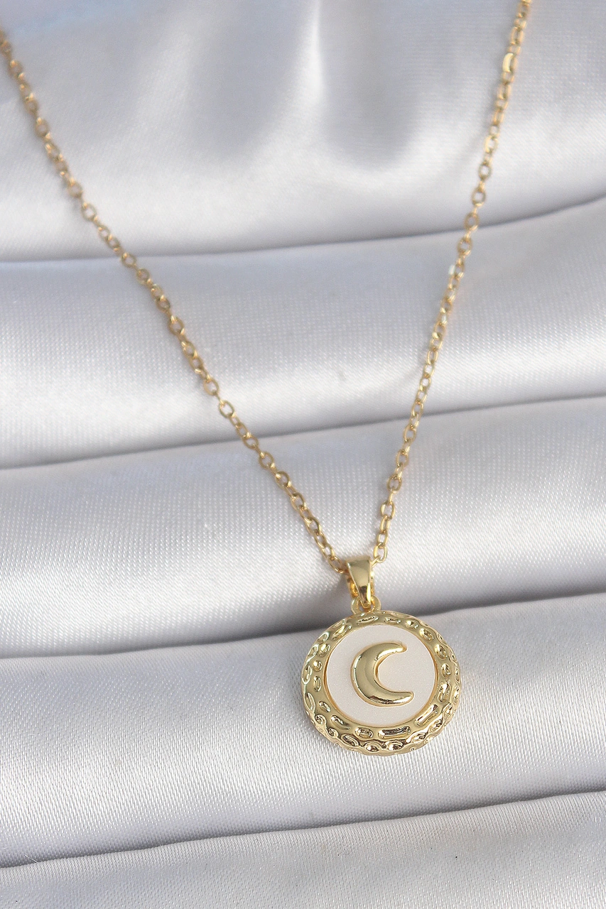 316l Çelik Gold Renk Zincir Beyaz Mineli Hilal İşlemeli Madalyon Model Kadın Kolye 03 - Altın