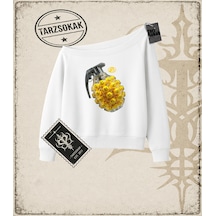 Tarzsokak Gotik & Grunge Streetwear Grenade Kayık Yaka Sweatshirt Beyaz