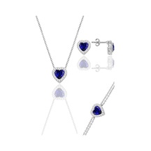 Gümüş Rodyumlu Safir Taşlı Pırlanta Modeli Kalp Kolye, Küpe, Bileklik Üçlü Set