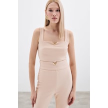 Sateen Yaka Gold Aksesuarlı Bluz - Bej-135430 Bej
