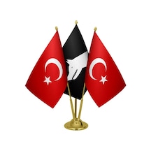 Masa Üstü Siyah Göktürk Bayrağı Türk Bayrağı Üçlü Pirinç Direk Ma