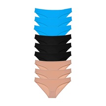 9 Adet Set Likralı Kadın Slip Külot Siyah Ten Mavi