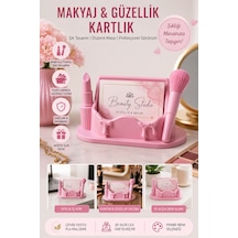 Makyaj Temalı Kartvizitlik Ruj Ve Fırça Detaylı 3d Baskı Masaüstü Kartlık - Pembe