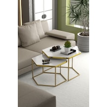 Orta Sehpa Altıgen İkili Lüx Gold Beyaz Beyaz