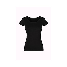 Trender Derin Yaka Siyah Kadın T-shirt 2603-04
