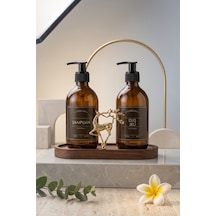 Sabunluk Amber Şişe Cam İkili Şampuan-duş Jeli Banyo Düzenleyici Lüks Gold Geyik Ahşap Standlı 500ml