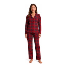 Westicgiyim Kadın Süet Pijama Takımı Kırmızı Ekose Desenli Uzun Kollu Düğmeli Yumuşak Dokulu Kışlık S/m-2xl