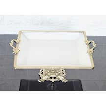Porselen Büyük Sade Kare Servis Tabağı-sunumluk Döküm Gold Çerçeve Ve Ayaklı 27cm Beyaz