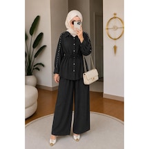 Hira Life Fashion Kadın Kolu Taş Detaylı Bel Bağlamalı Salaş Keten Gömlek Pantolon İki 'li Şık Takım Siyah Siyah