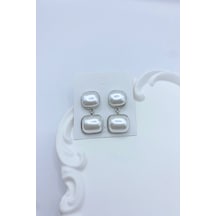 Kadın Küpe Özel Seri Dikdörtgen İki İnci Sallantı Model Küpe Gümüş