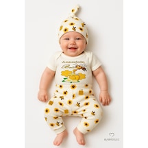 Babyden's 3 Lü Yenidoğan Takım, Annesinin Balı Baskılı Kısa Kol Body Arı Çiçek Desenli Pantolon Bere Ekru
