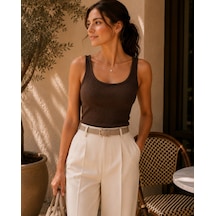Unika Boutique Kadın Fittili Kalın Askılı Crop Atlet Kahverengi