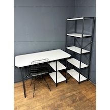 60x120cm Çalışma Masası Kitaplık Beyaz Ve Tel Sandalye Seti