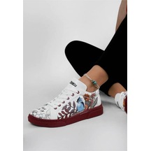 Kadın Vegan Deri Beyaz Sneakers - Magic In The Air Tasarım Beyaz - Bordo