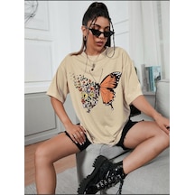 Kelebek Baskılı Oversize Unisex Tişört Taş